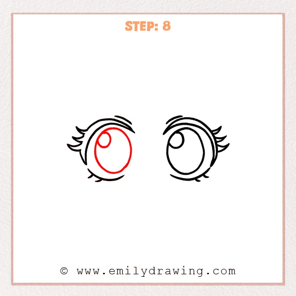 how to draw an anime eyes - Step 8: The left eye receives a matching iris oval and highlight, forming paired cartoon eyes.